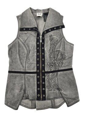 Harley Davidson Womens Small Vest Embroidered Biker Grunge Lace-Up Back Cotton